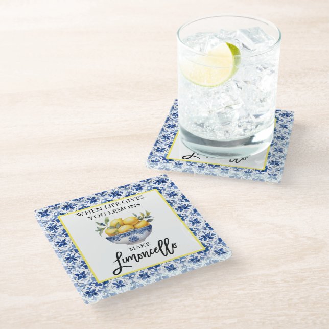 Posavasos De Vidrio Acuarela Lemons Limoncello Azulejos Azules (Angular)