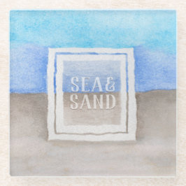 Posavasos De Vidrio Acuarela Monograma Mar y Arena Azul y Tan