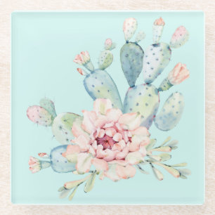 Posavasos De Vidrio Acuarela Pastel Cactus y Flor Rosa