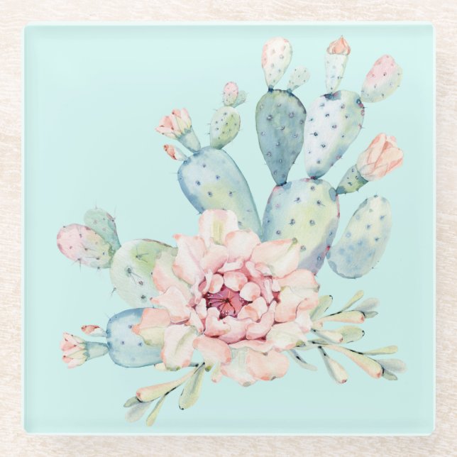 Posavasos De Vidrio Acuarela Pastel Cactus y Flor Rosa (Anverso)
