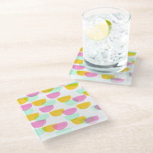 Posavasos De Vidrio Acuarela Patrón de Sandía Rosa Verde Amarillo
