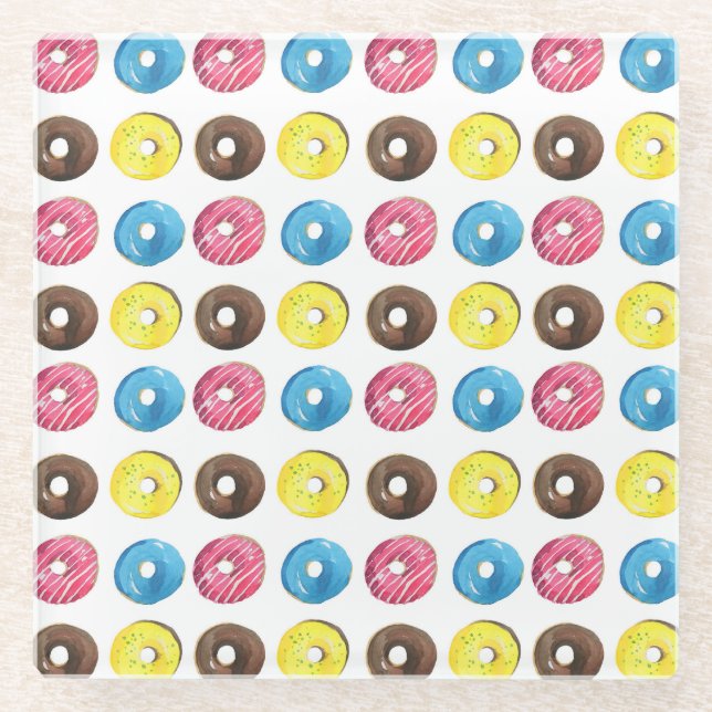 Posavasos De Vidrio Acuarela pequeñas donuts, patrón sin costuras. (Anverso)