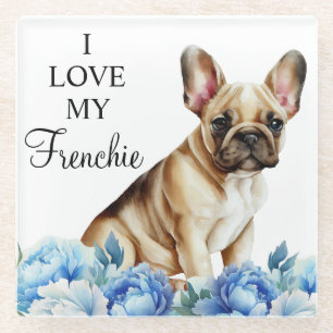 Posavasos De Vidrio Acuarela perro francés Bulldog y flores azules