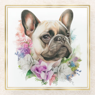 Posavasos De Vidrio Acuarela perro francés bulldog y flores de verano