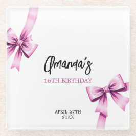 Posavasos De Vidrio Acuarela Rosa Bows Coquette Sweet 16 Cumpleaños