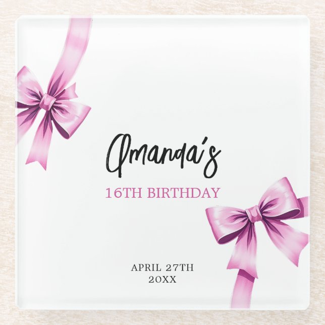 Posavasos De Vidrio Acuarela Rosa Bows Coquette Sweet 16 Cumpleaños (Anverso)