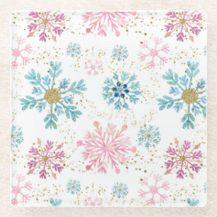 Posavasos De Vidrio Acuarela Rosado, Azul y Dorado Copos de Nieve de I