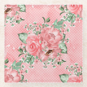Posavasos De Vidrio Acuarela shabby chic rosas rosadas y lunares