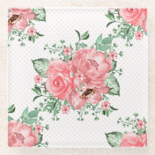 Posavasos De Vidrio Acuarela Shabby Chic Rosas Rosadas y Lunares