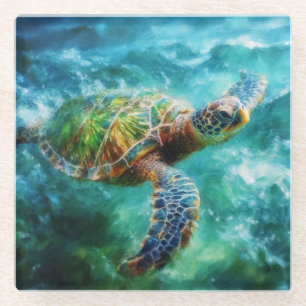 Posavasos De Vidrio Acuarela Tortuga de mar Natación