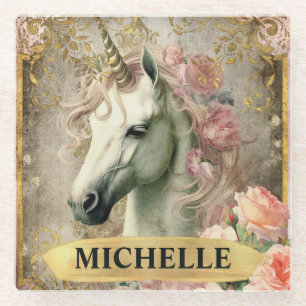 Posavasos De Vidrio Acuarela Unicornio Blanco Vintage y Rosas Rosadas