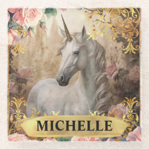 Posavasos De Vidrio Acuarela Unicornio Blanco Vintage y Rosas Rosadas