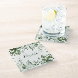 Posavasos De Vidrio Acuarela Vegetación Botánica Ivy Ferns Sage