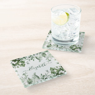 Posavasos De Vidrio Acuarela Vegetación Botánica Ivy Ferns Sage