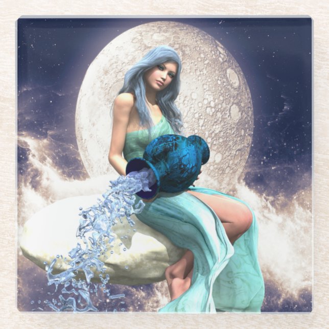 Posavasos De Vidrio Acuario - Mujer vierte agua de un jugo (Anverso)