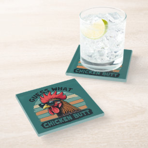 Posavasos De Vidrio Adivina Qué Trasero De Pollo Divertido Gallo Retro