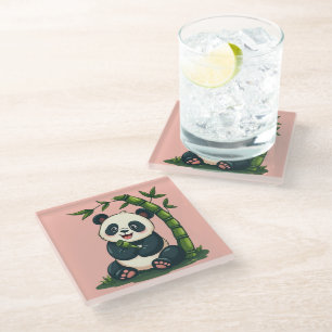 Posavasos De Vidrio Adorable Panda Abrazando Bamboo Personalizado arte