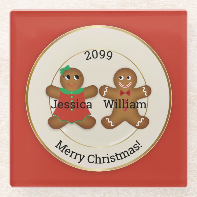 Posavasos De Vidrio Adorable Pareja Gingerbread Ornamento con Año (Anverso)