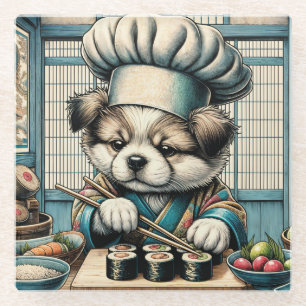 Posavasos De Vidrio Adorable Sushi Chef Puppy