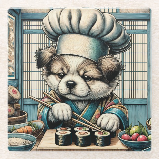 Posavasos De Vidrio Adorable Sushi Chef Puppy (Anverso)