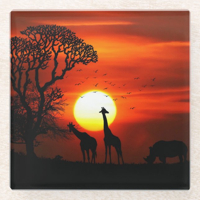 Posavasos De Vidrio African Safari Sunset Animal Silhouettes (Anverso)