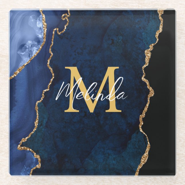 Posavasos De Vidrio Agante de mármol azul y oro de la marina (Anverso)