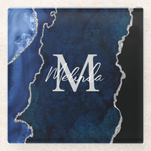 Posavasos De Vidrio Agante de mármol azul y plateado de la marina