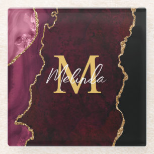 Posavasos De Vidrio Agante de mármol rojo y oro