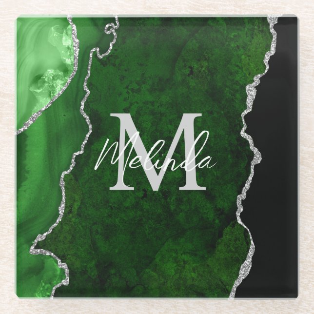 Posavasos De Vidrio Agante de mármol verde y plateado (Anverso)