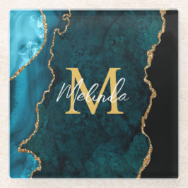 Posavasos De Vidrio Agante verde azulado de mármol azul y oro