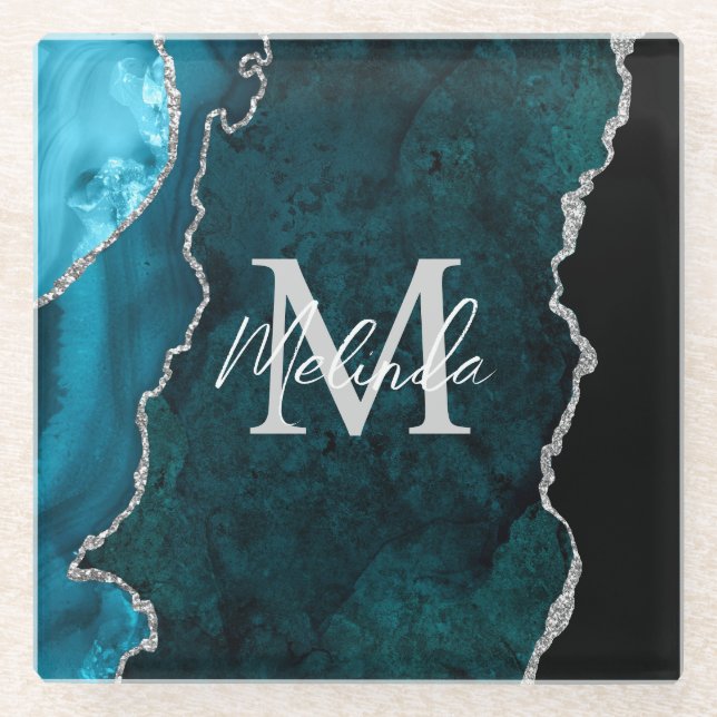 Posavasos De Vidrio Agante verde azulado de mármol azul y plateado (Anverso)