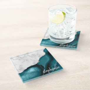 Posavasos De Vidrio Ágata Azul Teal Mármol Blanco Plata Signature