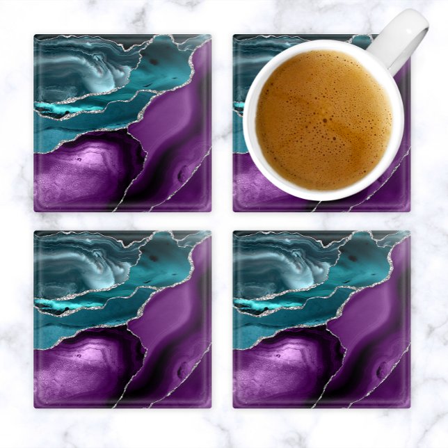 Posavasos De Vidrio Agata azul turquesa plateado purpura con brillo (Subido por el creador)