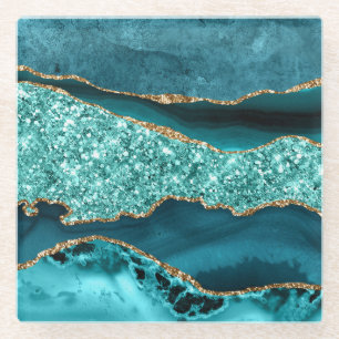 Posavasos De Vidrio Ágata Oceánica Elegante Teal y Dorado Glitter