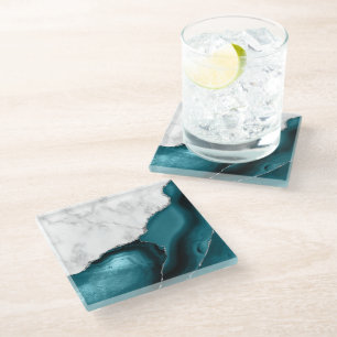 Posavasos De Vidrio Ágata Teal Mármol Blanco Falso Brillo Plateado