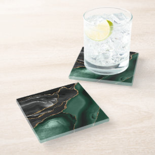 Posavasos De Vidrio Ágata verde esmeralda y oro negro