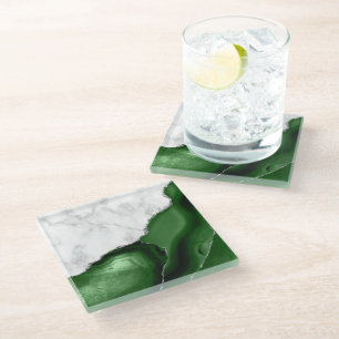 Posavasos De Vidrio Ágata Verde Mármol Blanco Falso Brillo Plateado