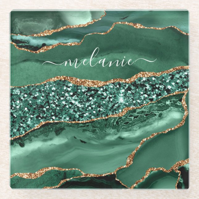 Posavasos De Vidrio Agate Green Gold Purpurina Marble Name Coaster (Anverso)
