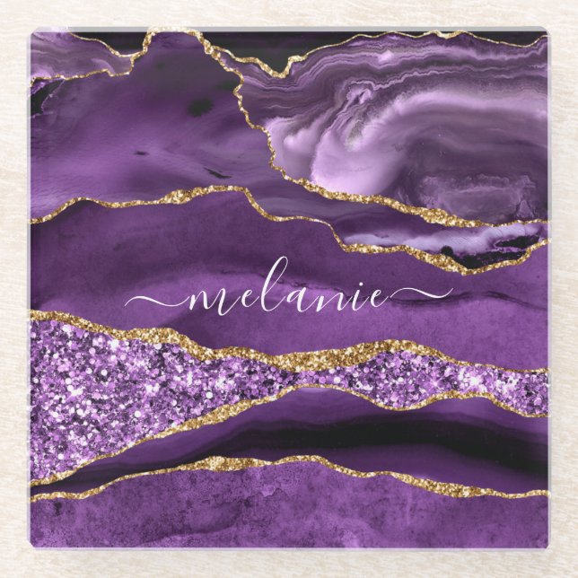 Posavasos de vidrio Agate Morado Violeta Dorado co (Anverso)