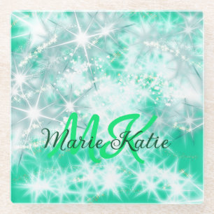 Posavasos De Vidrio Agate verde azulado turquesa aqua monograma añadir