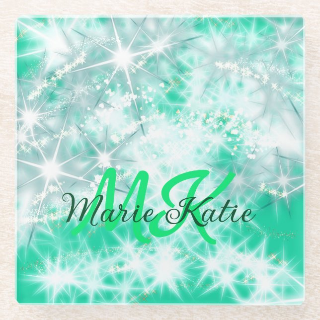 Posavasos De Vidrio Agate verde azulado turquesa aqua monograma añadir (Anverso)