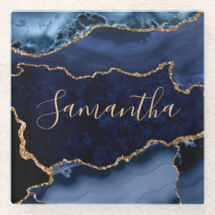 Posavasos De Vidrio Agato de mármol Purpurina de oro azul marino y fa