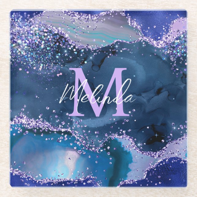 Posavasos De Vidrio Agato oceánico azul oscuro y morado Purpurina (Anverso)