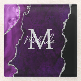 Posavasos De Vidrio Agitación de mármol morado y plateado