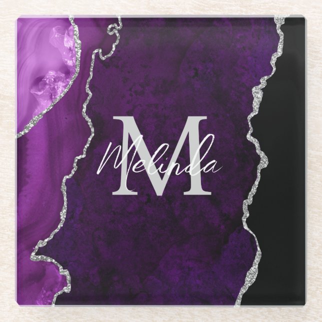 Posavasos De Vidrio Agitación de mármol morado y plateado (Anverso)