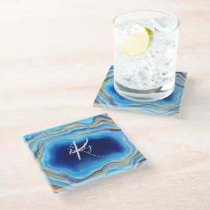 Posavasos De Vidrio Agosto Índigo Profundo Marble Resumen Nombre Monog
