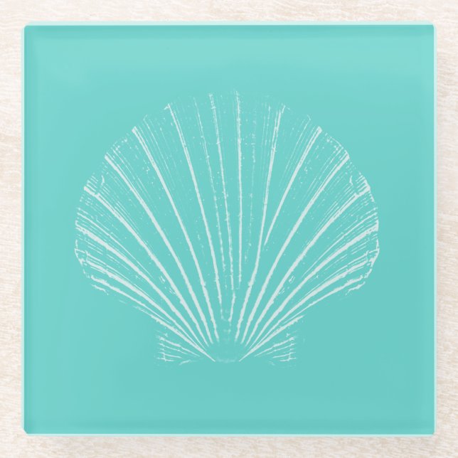 Posavasos De Vidrio Aguamarina azul con el mar blanco Shell (Anverso)