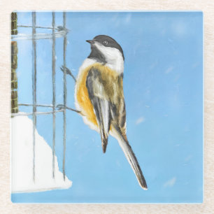 Posavasos De Vidrio Ajedrez en pintura de alimentador - Arte de pájaro