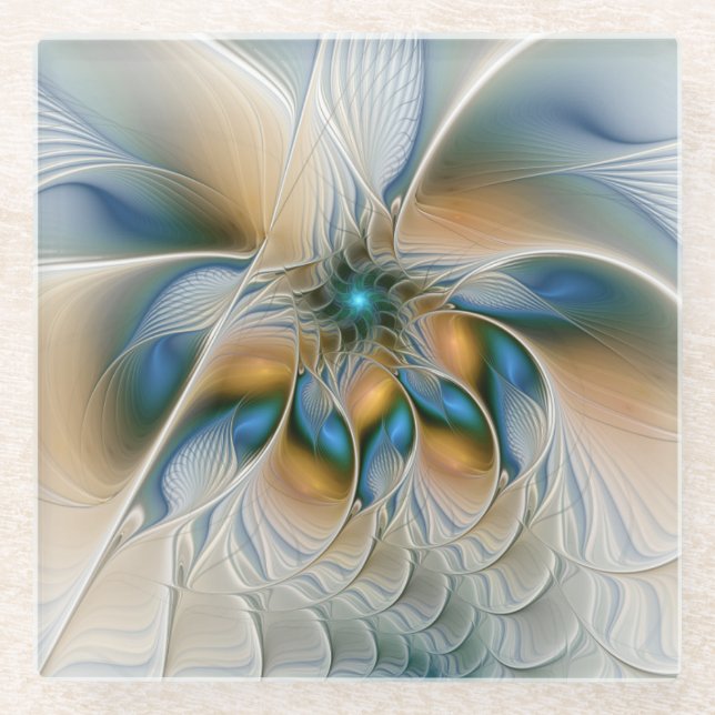 Posavasos De Vidrio Alarmante, Abstracta Fantasía Fractal Art Con Azul (Anverso)