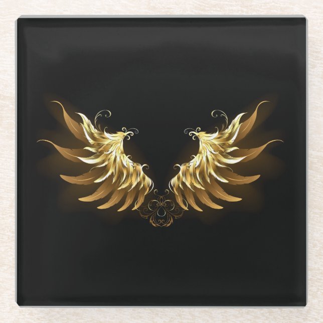 Posavasos De Vidrio Alas del Ángel de Oro sobre fondo negro (Anverso)